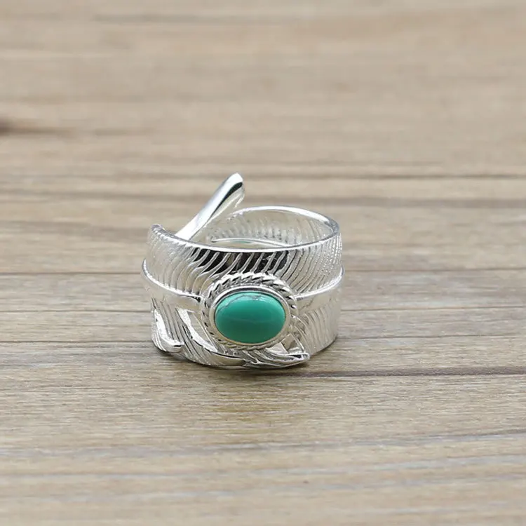 

Handmade Sterling Silver Jewelry Thai Silver Feather Turquoise White Silver Ring Living Tide Men's Accessory Ring