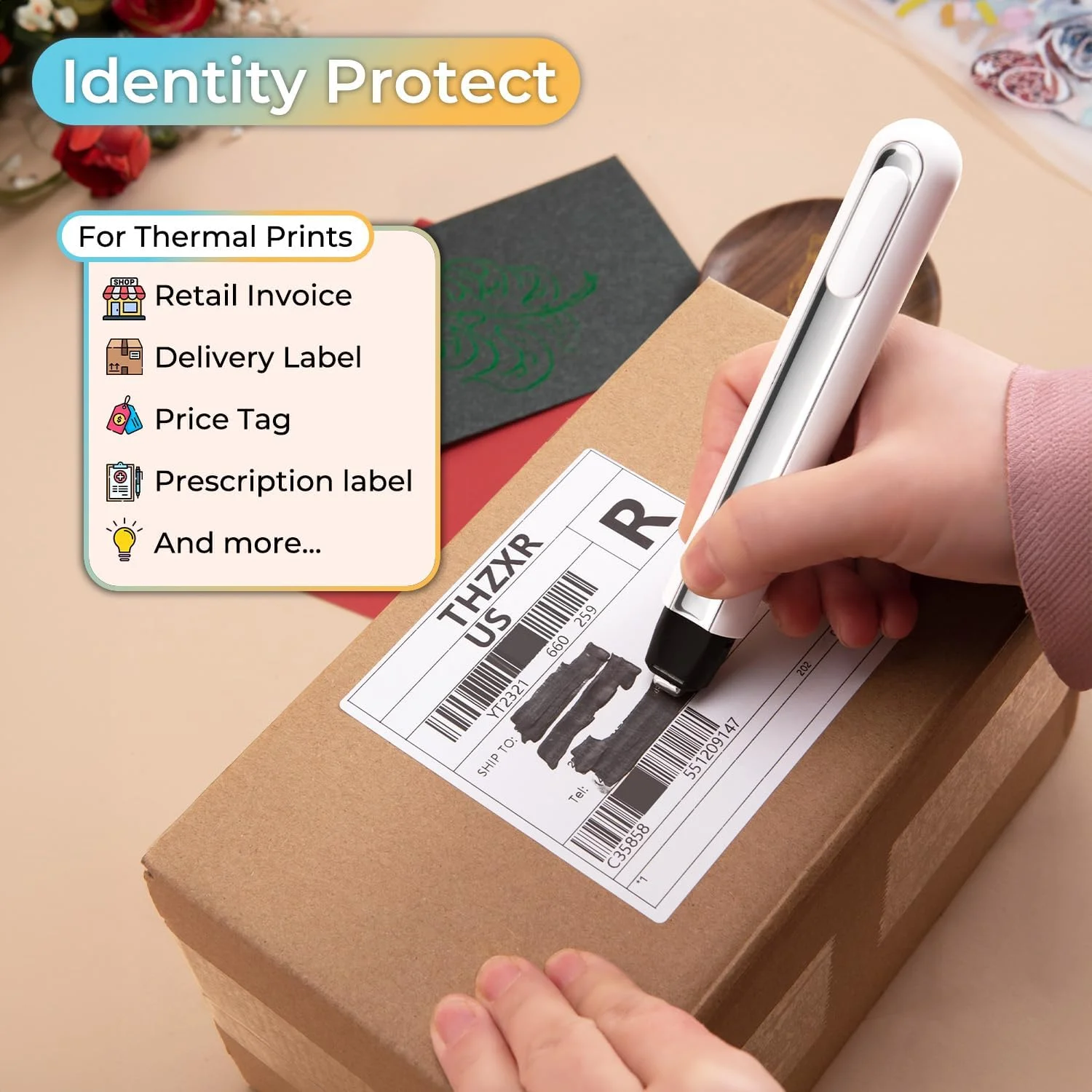 Identity Theft Protection Pen for Permanent Erasing Receipt, Shipping Label, or Any Thermal Prints - Multipurpose Use as Portabl