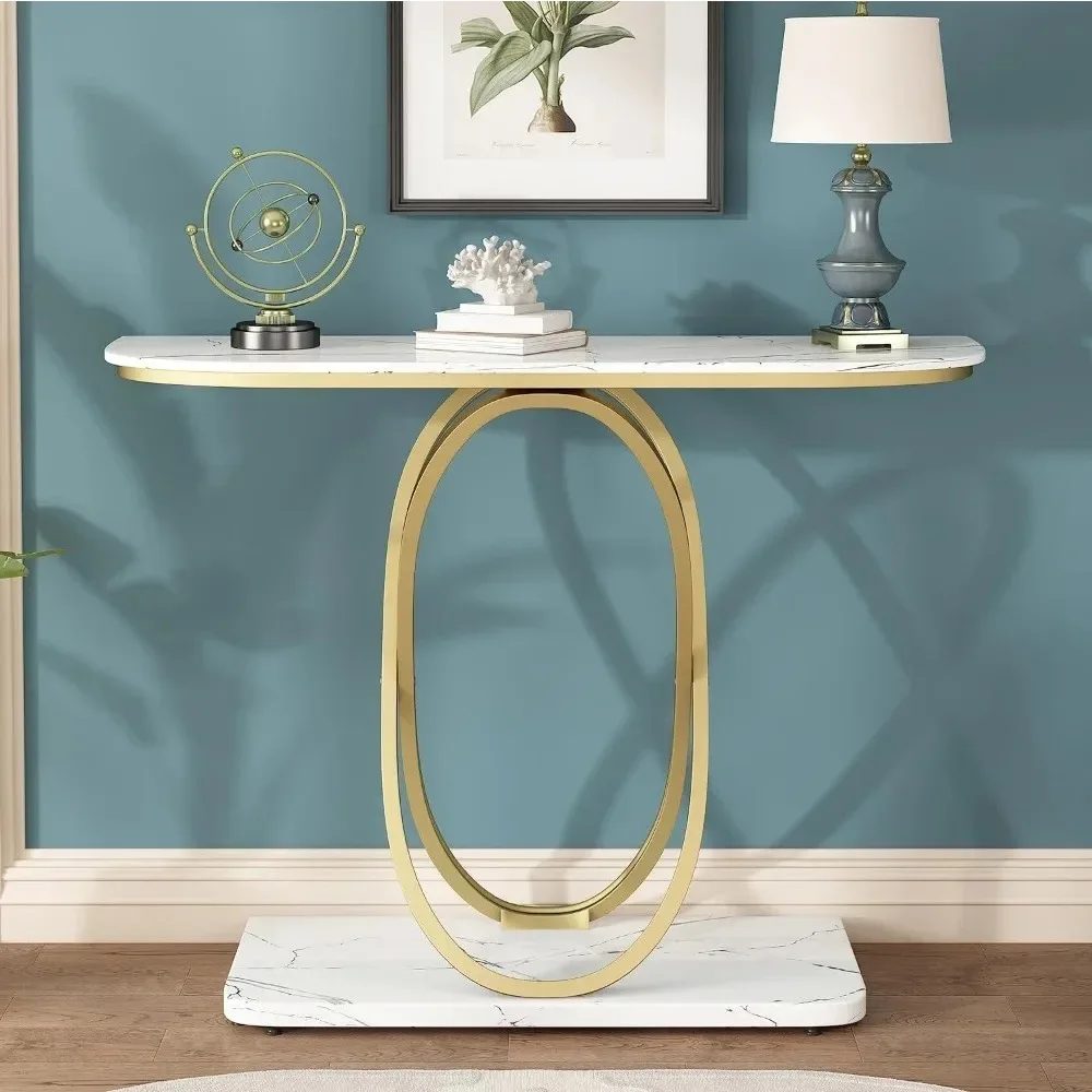 Modern Console Tables for Entryway,Marble Entrance Table with Gold Oval Frames and Marble Base,Gold and White Sofa Table for