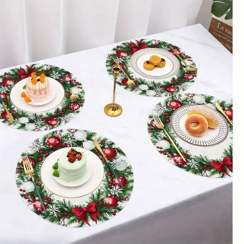 VIKAMA Ivory Crimson Conifer Bauble Ribbon Wreath Round Placemat Green Pine Red White Ball Bow Berry Flake Xmas Table Mat Chic