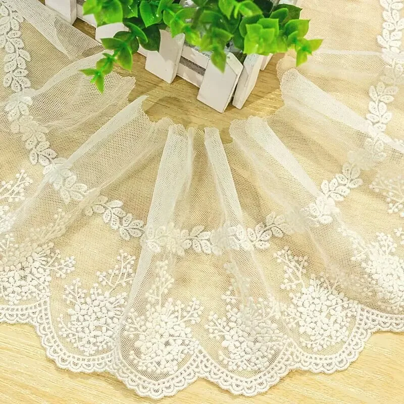 13.5CM Wide White And Apricot Color Mesh Material Cotton Embroidered Flowers Lace Trimmings Garment  DIY Sewing Accessories