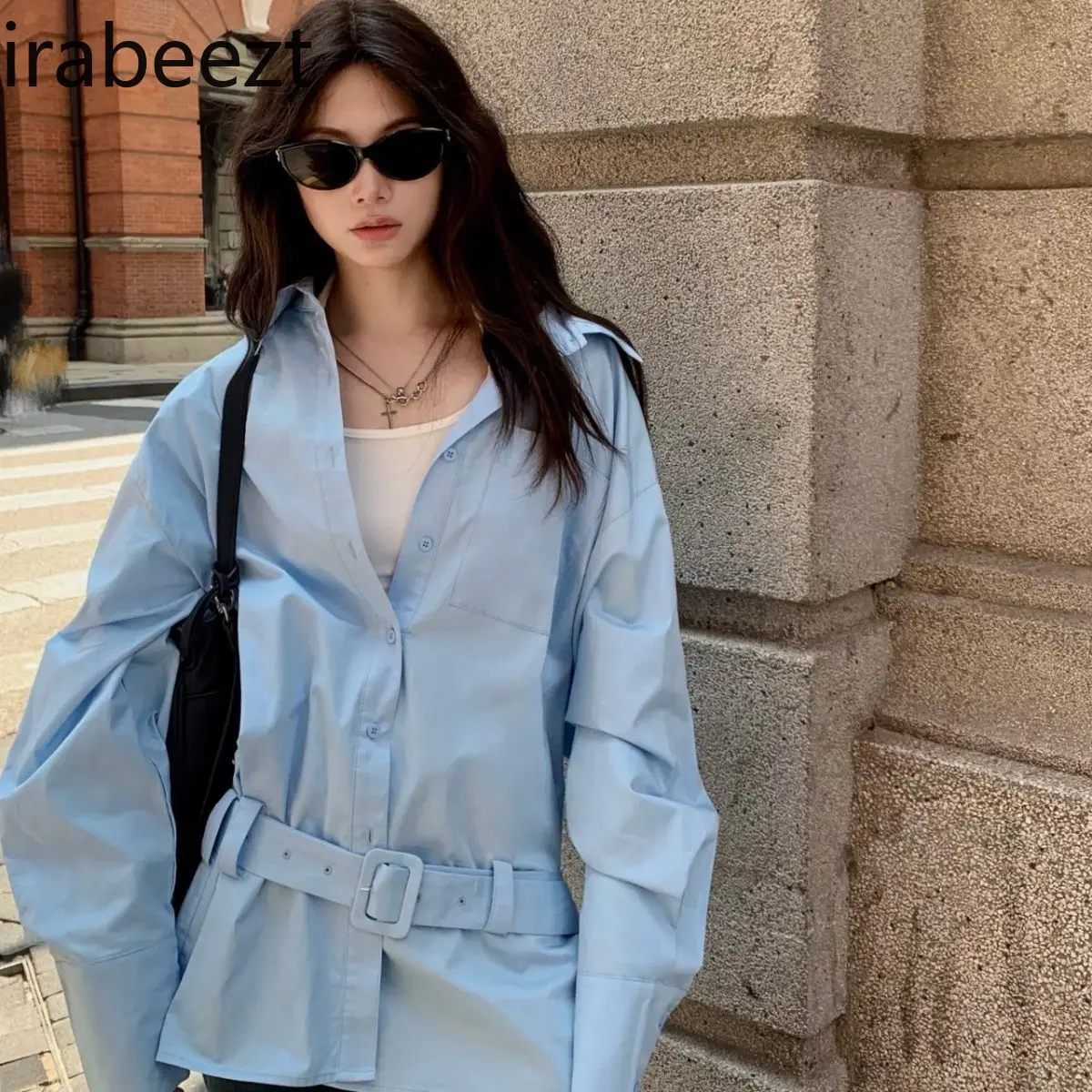 French Light Mature Style Top Niche Design Unique and Beautiful Loose Blue Long-sleeved Shirt for Girls in Autumn Women Tops