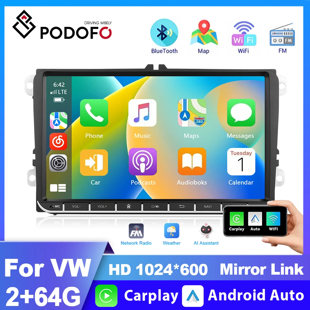 

Podofo for VW Passat Golf MK5 POLO Seat Jetta Android 2din Car Radio Stereo 9 inch Touch Screen High Definition GPS Navigation