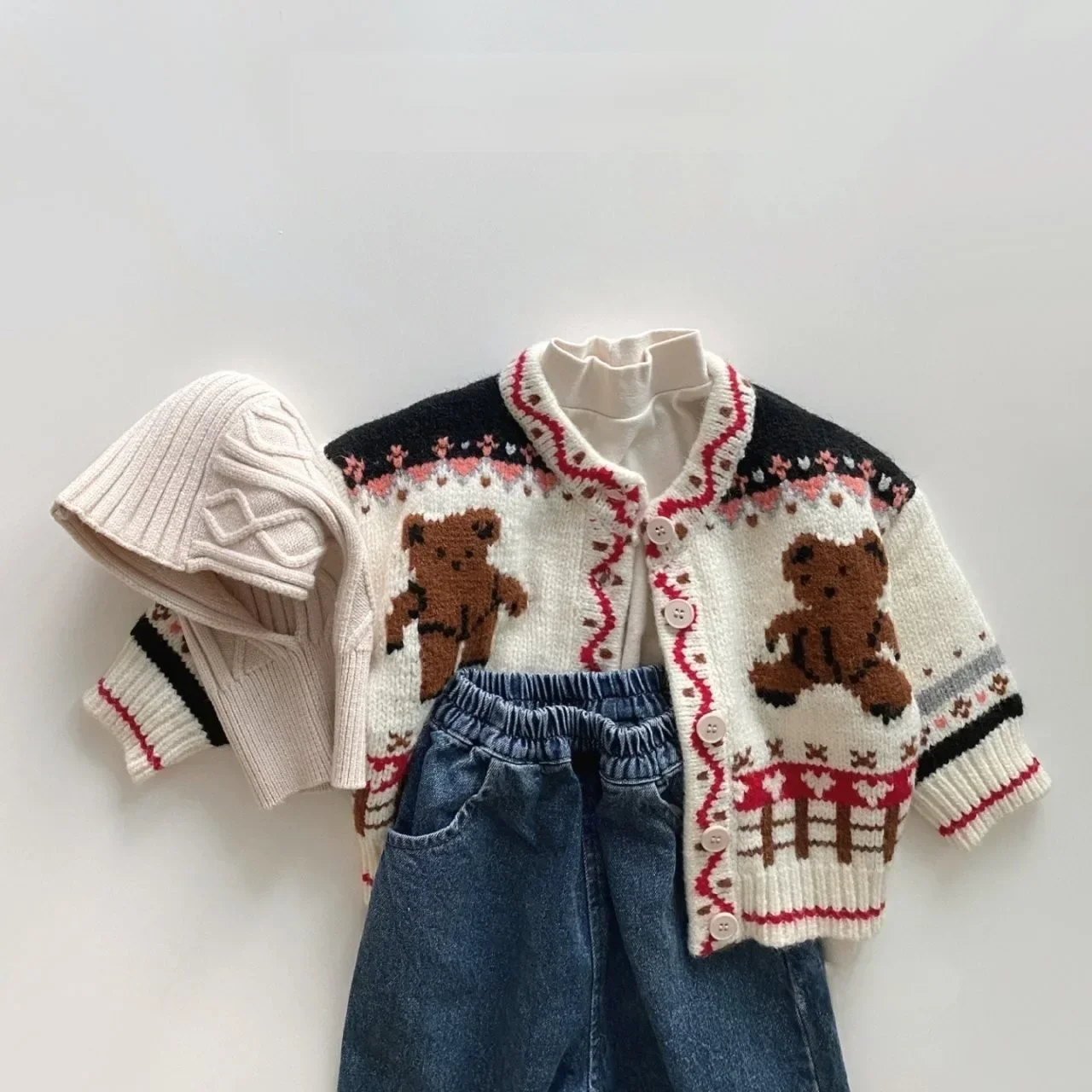 

3797C Ins Korean Children Knitted Sweater Autumn Winter Cotton Soft Fashion Bear Knitted Boy's Cardigan Girl Sweater Coat