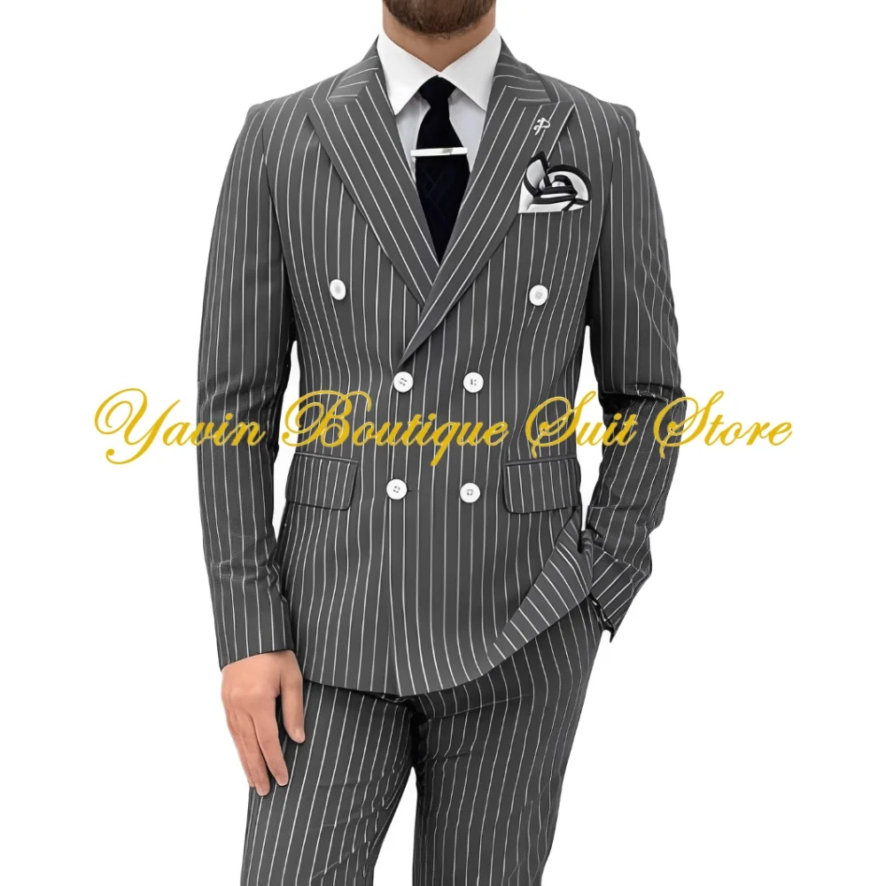 Men's Pinstripe Suit 2 Pieces Double-Breasted Blazer Pants Set Wedding Groom Prom Tuxedo Business Men's Suits