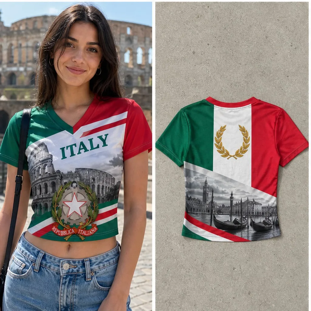 Women Italy V Neck Crop Top Colosseum Republic Crest Print Short Sleeve Summer Street Travel Casual Fashion Tee Style Streetwear