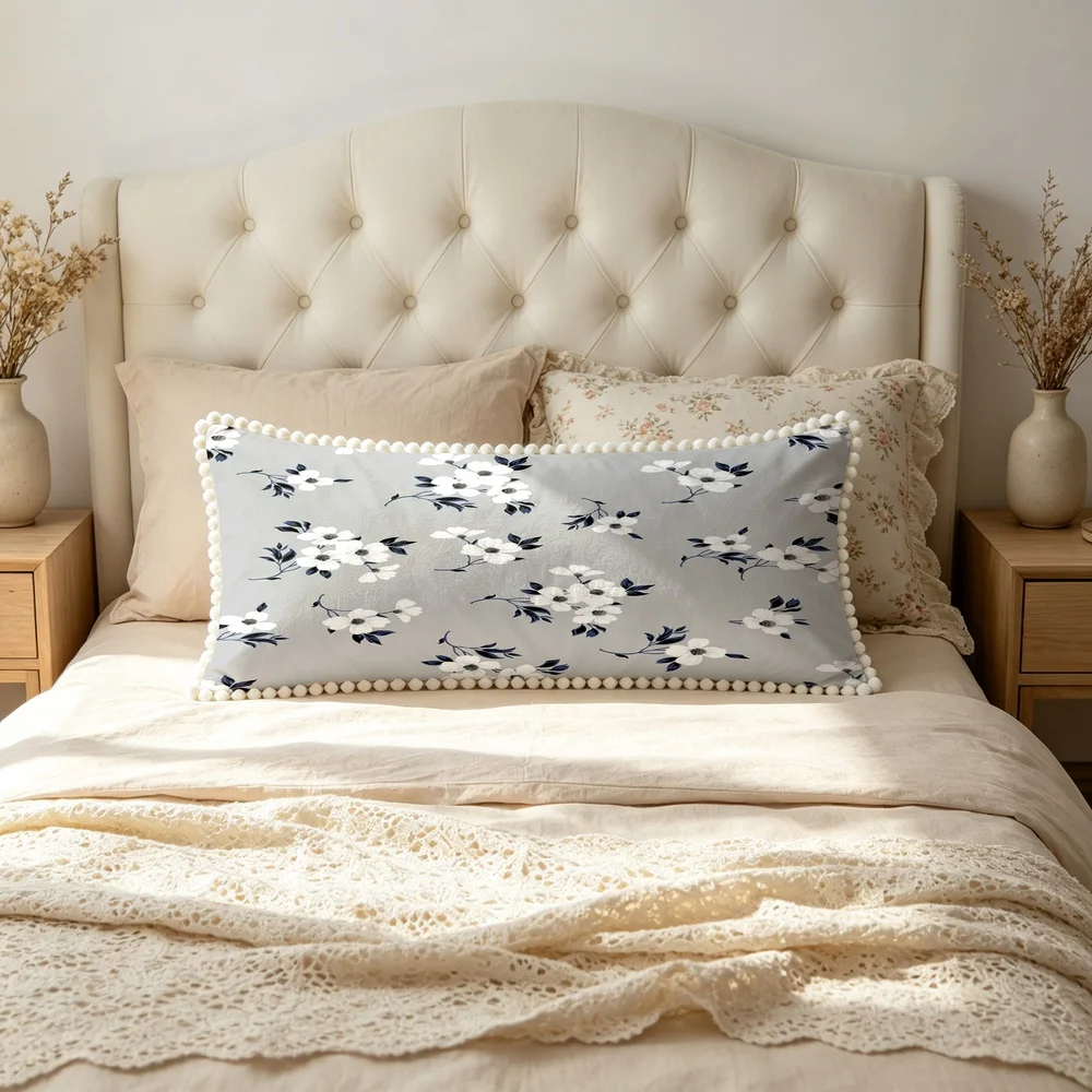 1PC Cream Background with White Brown Blue Large Flowers and Branches, Modern Abstract Natural Floral Long Pillow Cover with P