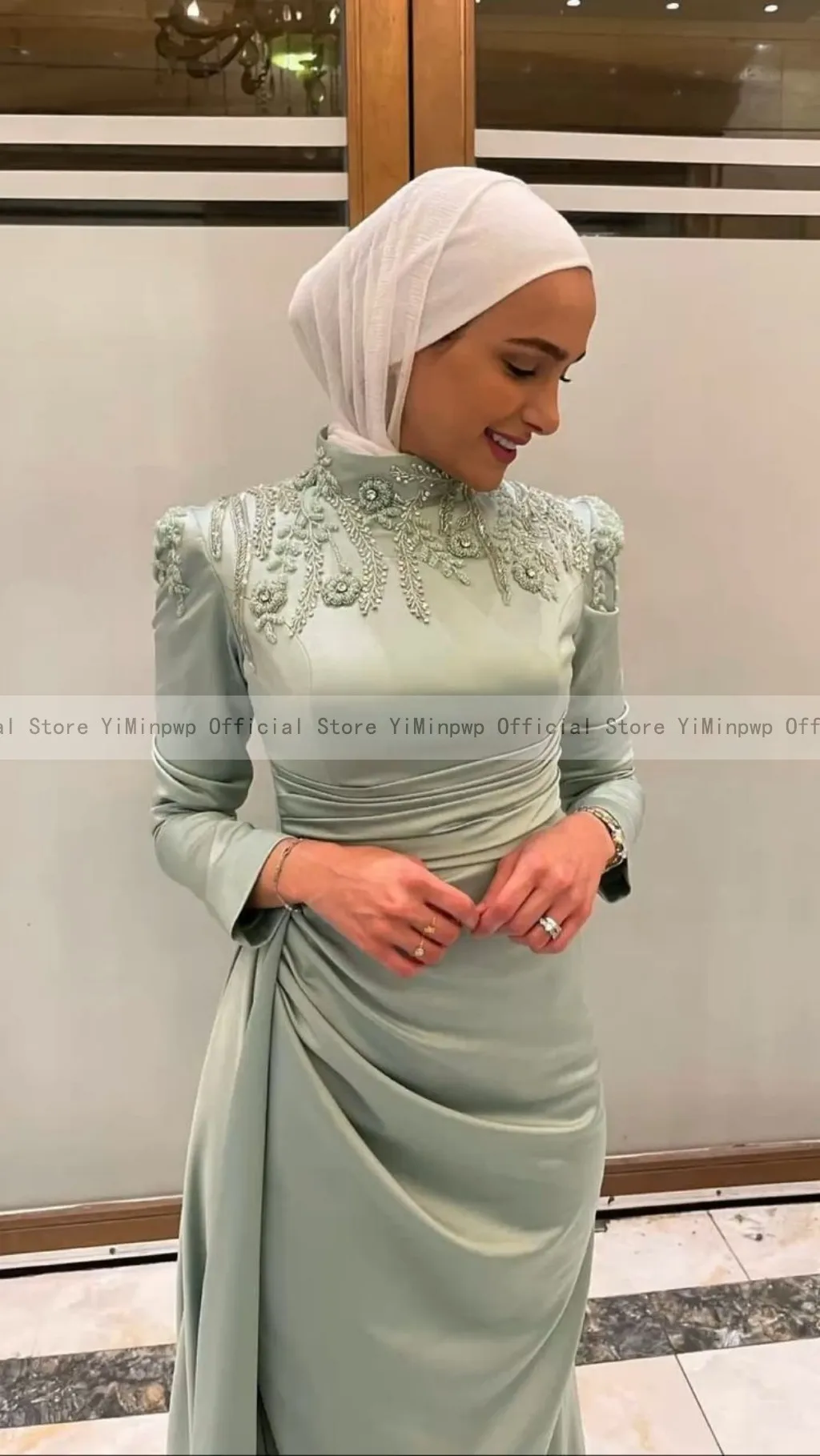 Salvia vestido de noche de sirena musulmana para mujer, de manga larga con cuello alto sobrefalda, apliques de cuentas, Hijabi, vestido Formal para