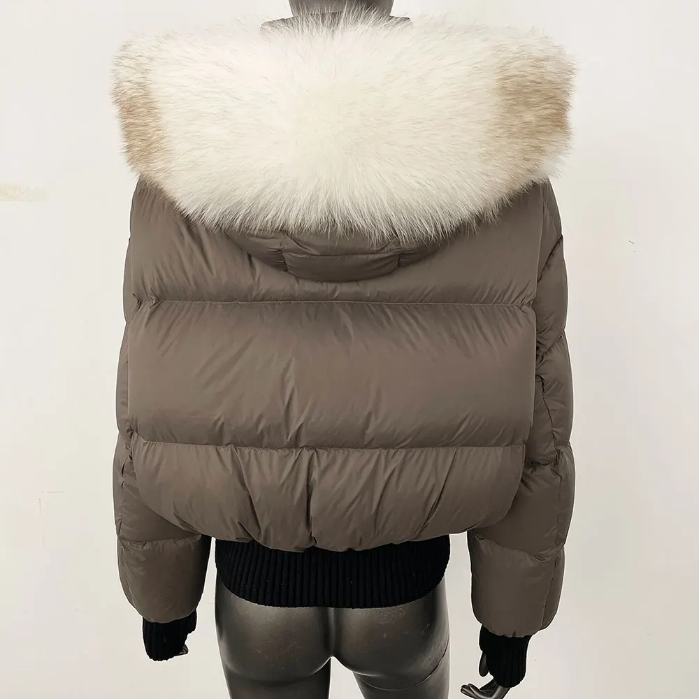 Jaqueta de pele de realidade feminina moda com capuz pato branco para baixo casaco grosso quente casual natural real guaxinim gola de pele de raposa casaco de inverno