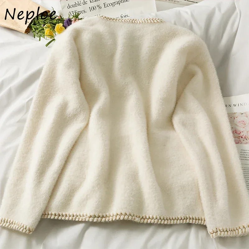 Neploe Bright Silk Edge Single-breasted V-neck Female Cardigan Long Sleeve Sweater Jacket Autumn Loose Office Lady Open Stitch