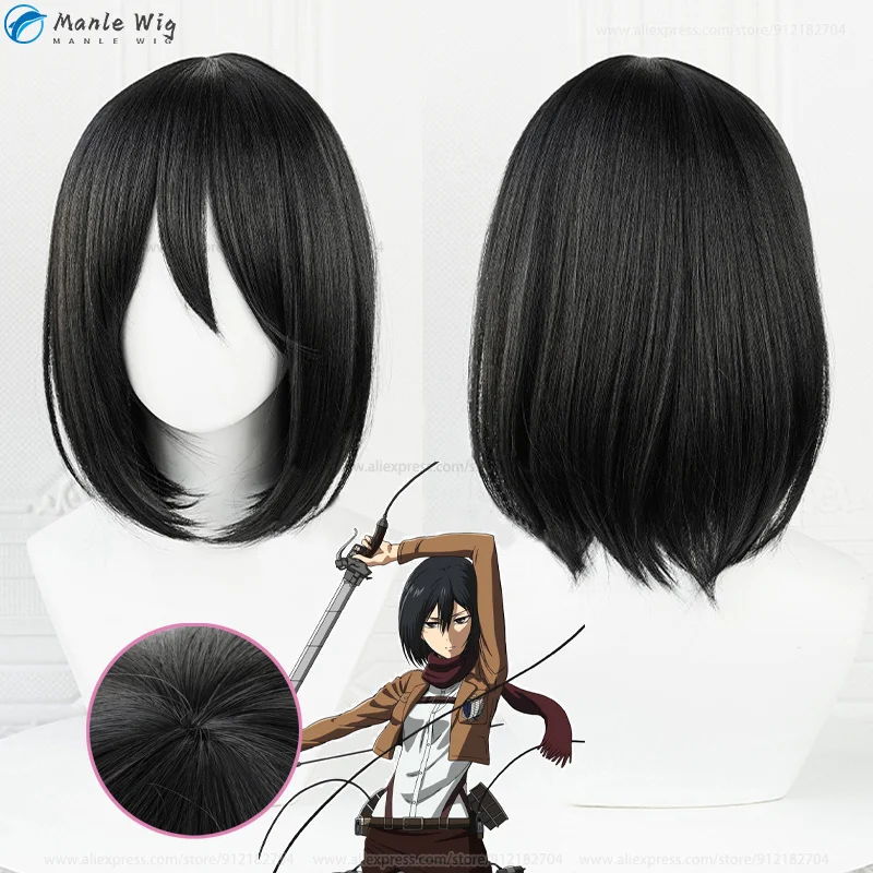 

High Quality Mikasa Ackerman Cosplay Wig Black 40cm Short Wig Heat Resistant Synthetic Hair Halloween Party Wigs + Wig Cap