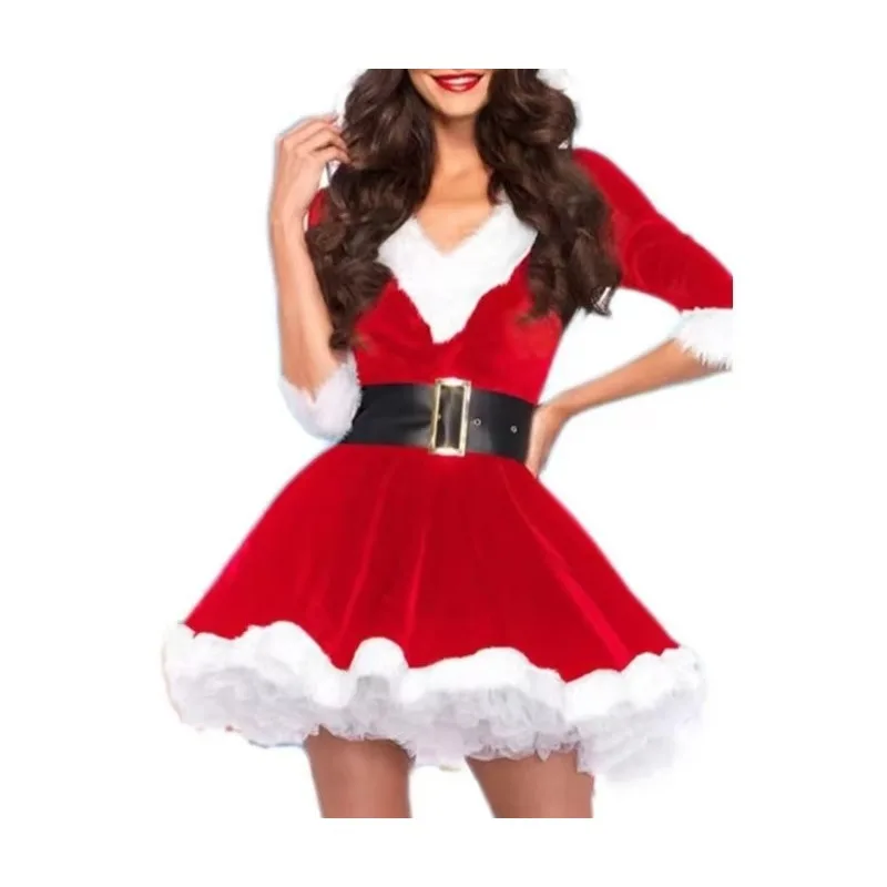 Red Santa Dress Women Short Tutu A Line Above Knee Dress Adult Sweet Christmas Outfit Hat Gloves Xmas Party Clubwear
