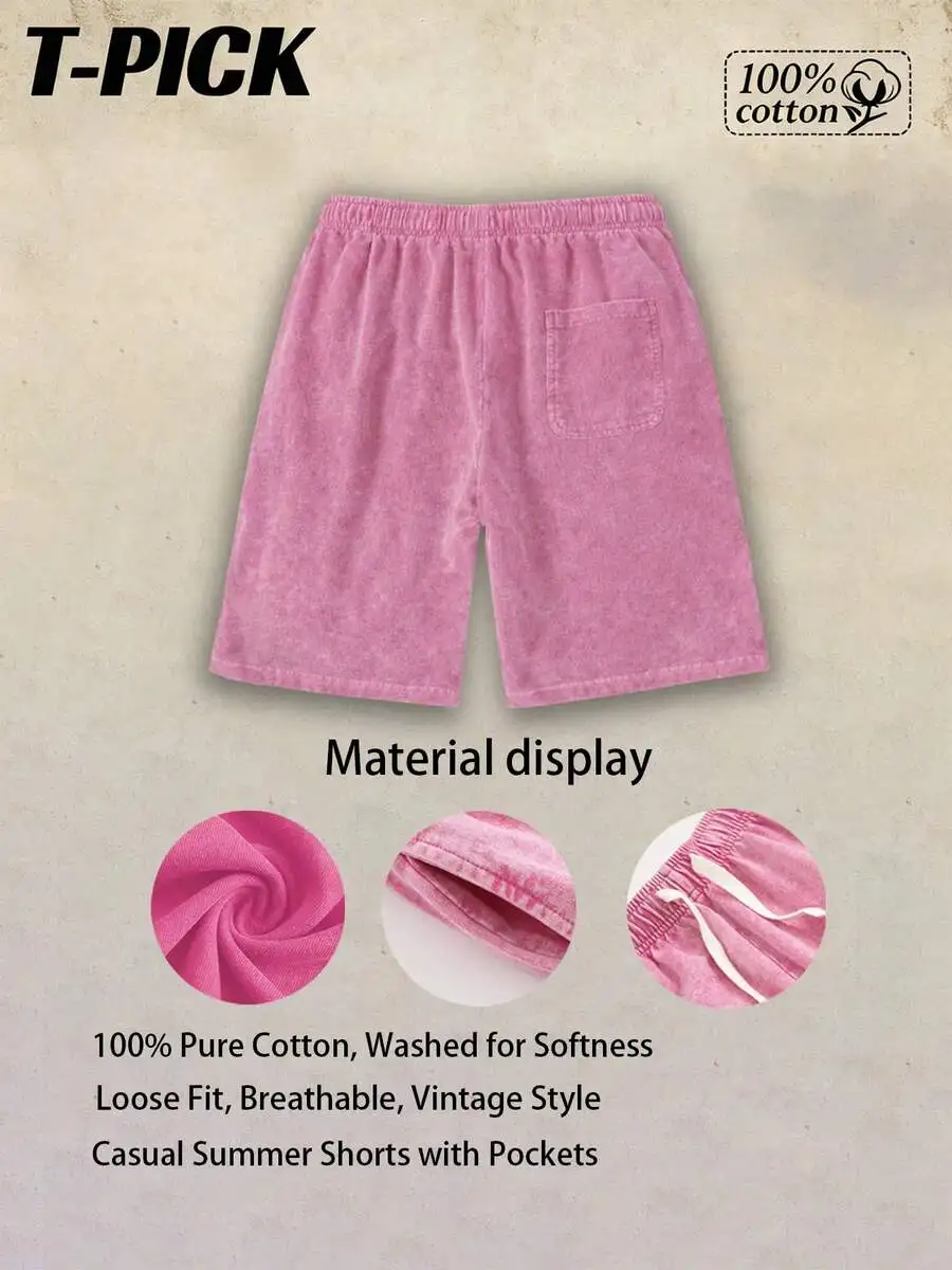 

Mens 100% Cotton Loose Fit Vintage Washed Casual Summer Shorts With Pockets
