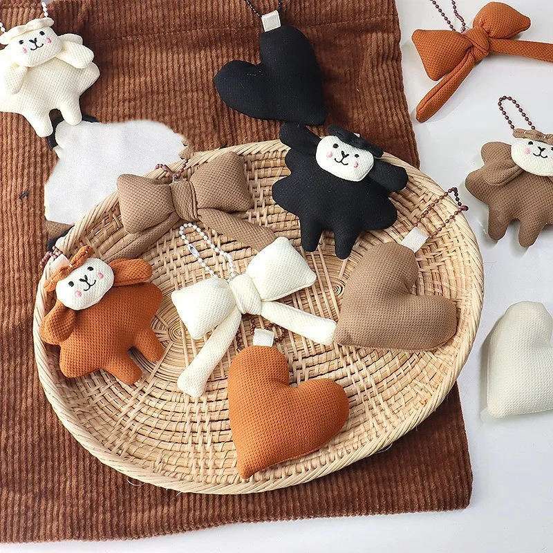 Cute Korean Lamb Charm Plush Brown Bow Heart Pendant for Bag Decoration DIY Craft Adorable Gift Accessory
