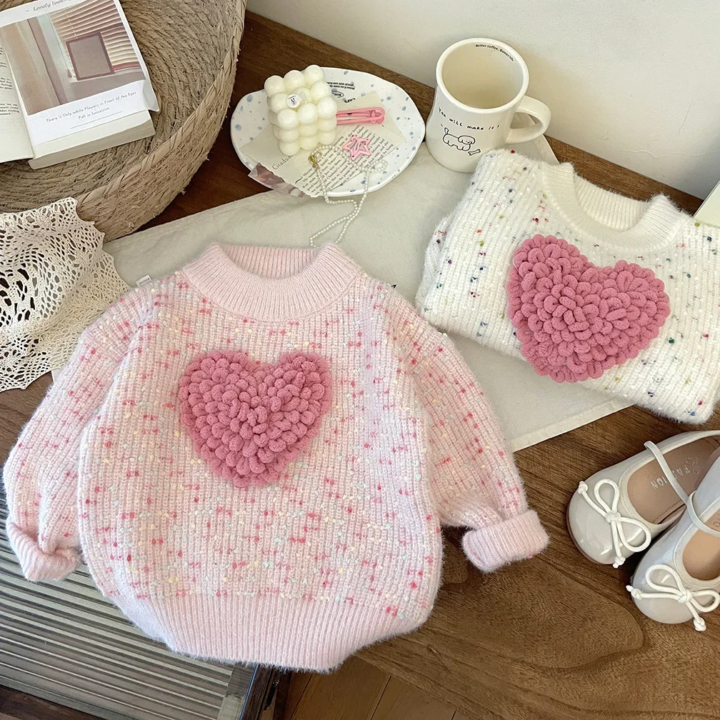 

Winter Autumn New Baby Girls Sweater Long Sleeve Cute Flower Knit Clothes 3D Heart Colorful Knitwear Pullover Top for Toddlers