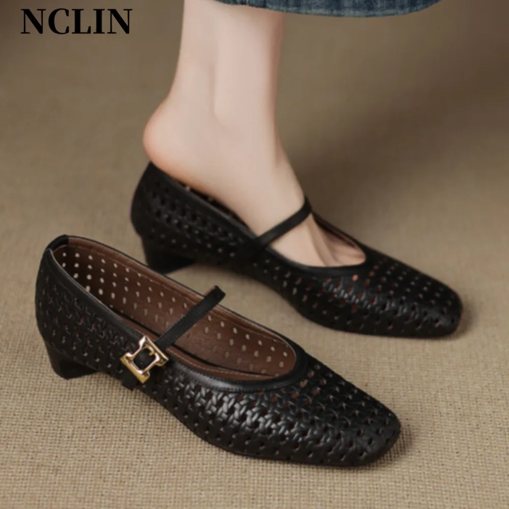 

2025 French Style Genuine Leather Sandals Women Covered Toe Hollow Buckle Strap Sandals Party Dating Sandals Office Ladies Pumps