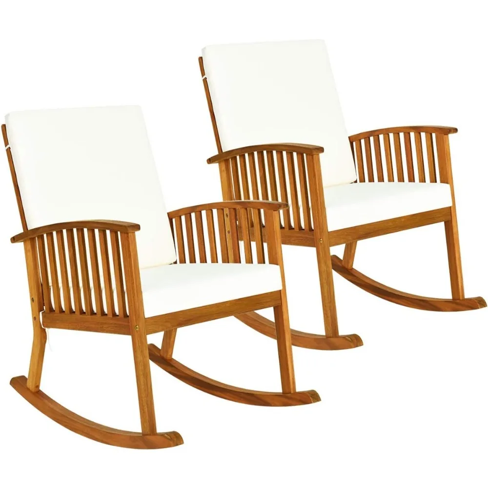 

2 PCS Outdoor Acacia Wood Rocking Chair, Wooden Rocker w/Detachable Washable Cushions, Rocker for Porch Garden Patio Ba