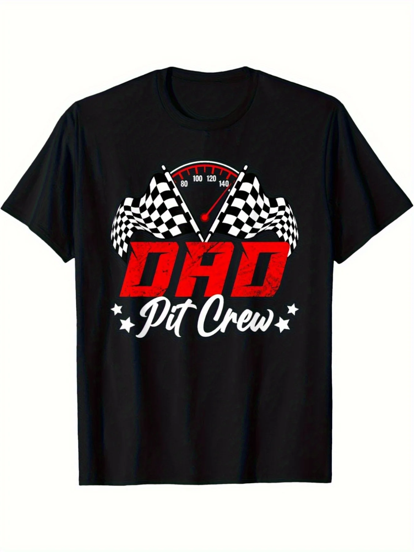 2026 Men's 100% Cotton Racing Graphic T-Shirt - Dad Pit Crew Design with Checkered Flags & Stars, Casual Short Sleeve Tee for Bi