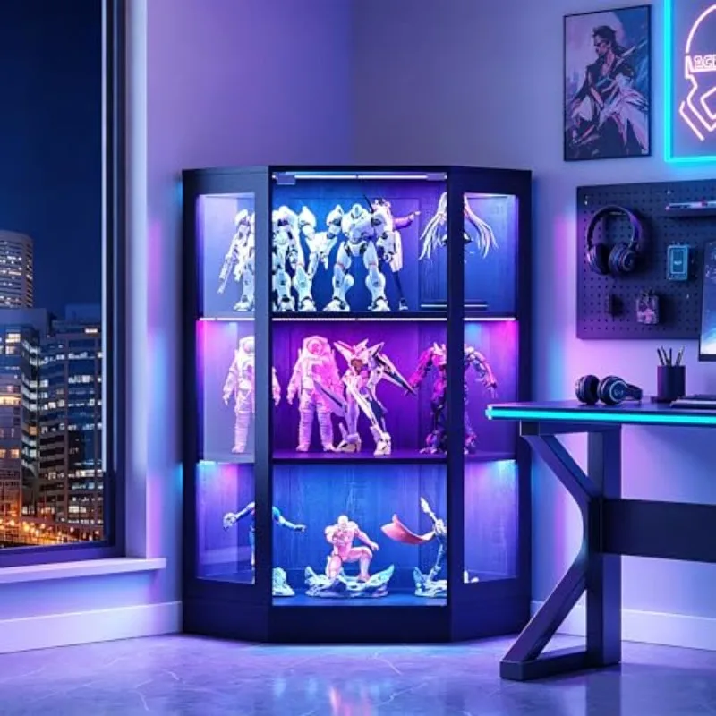 42’’ Corner Glass Display Cabinet with RGB Lights, Curio Cabinet with Glass Doors for Collectibles, 3-Tiers Corner