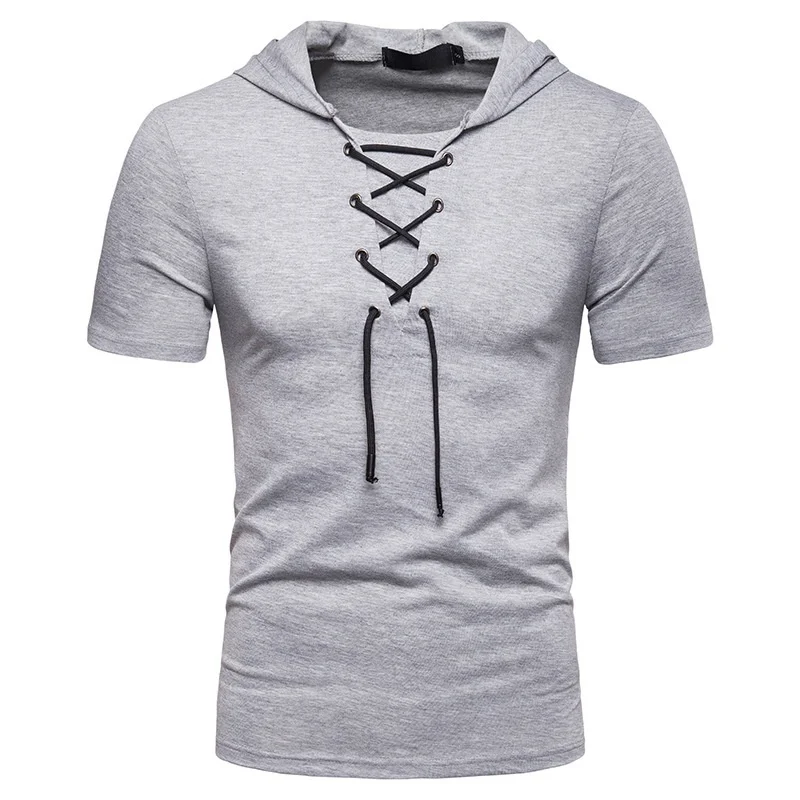 New European And American Men\'s Hooded Loose Tie Up Hip-hop Casual Short Sleeved T-shirt