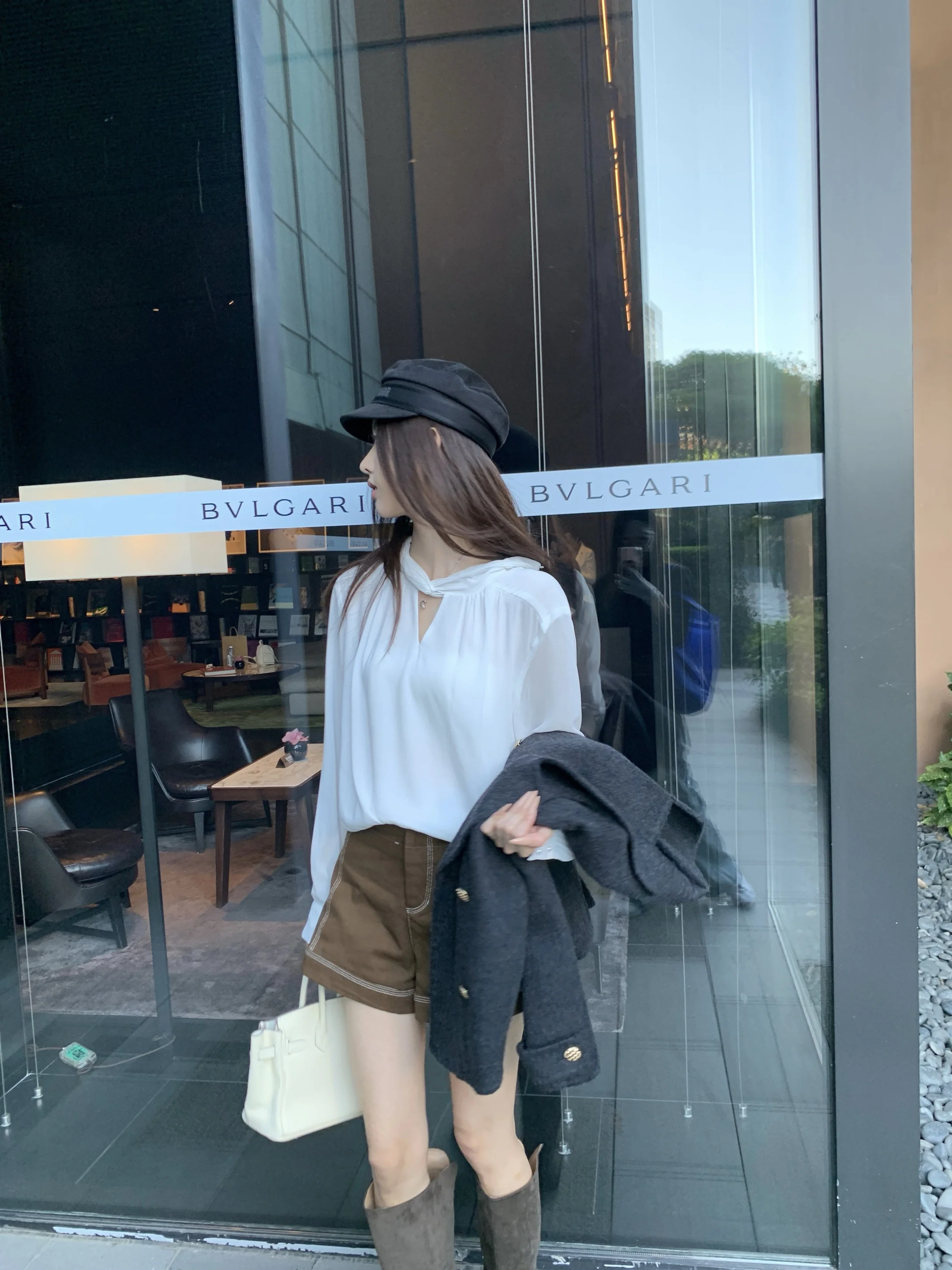 

Женская повседневная свободная блузка Ele Slimming Pure Color с длинными рукавами, вырезами и воротником-стойкой из шифона