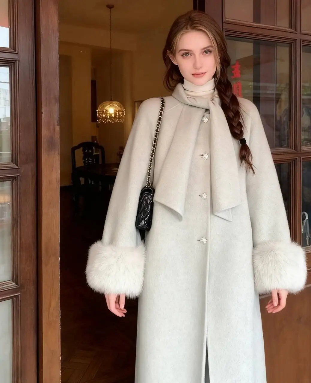 

Wool Blend Coats Womens Woolen Coat Orange Autumn Chenille Embossed Stand-Up Collar Classical European Style Mature Reception OL