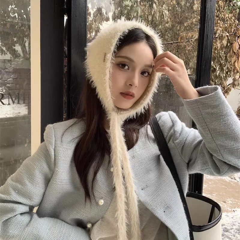 French Fur Triangular Binder Closed Head Scarf Candy Original Autumn and Winter Solid Color Plush Small Head Wear Korean