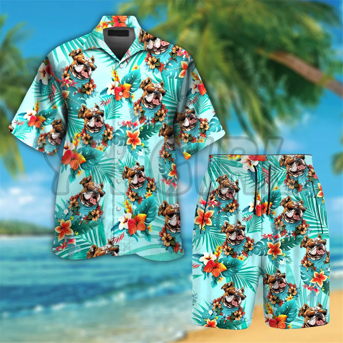 Chemise hawaïenne imprimée en 3D pour hommes, chemise hawaïenne colorée, short de plage, bouledogue portant des lunettes de soleil, cadeau d\'amour