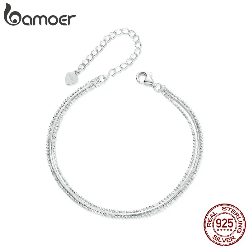 BAMOER Dainty 925 Sterling Silver Bracelets for Women, White Gold Plated Triple-Layered Adjustable Chain Bracelet Jewelry Gift