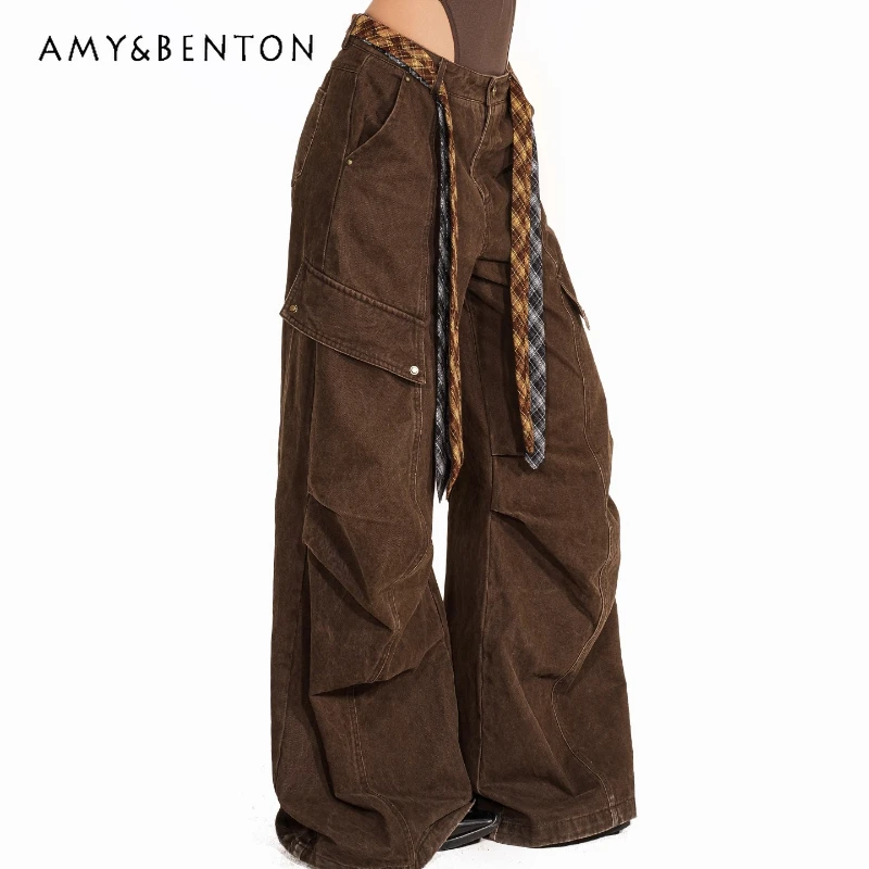 

American Retro Pleated Women's Cargo Pants 2025 Autumn Winter New Wide-Leg Floor-Length Fleece-Lined Warm Versatile Jeans Ladies