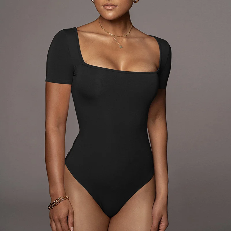 Bodysuit de manga curta feminino, t-shirt básica sexy, parte superior do corpo, macacão gola quadrada, bodycon casual, macacão feminino tamanho grande, verão, 2023