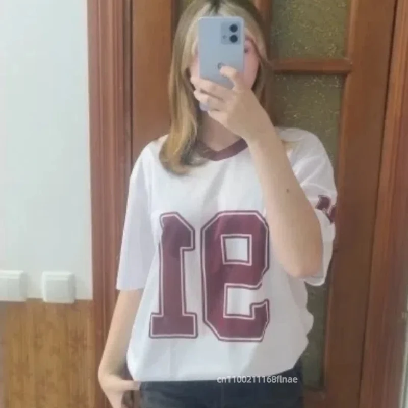 스트리트 댄스 드레스 여성 여름 v 넥 스포츠 스타일 패션 트렌드 반팔 캐주얼 91 디지털 프린트 패턴 티셔츠 짧은