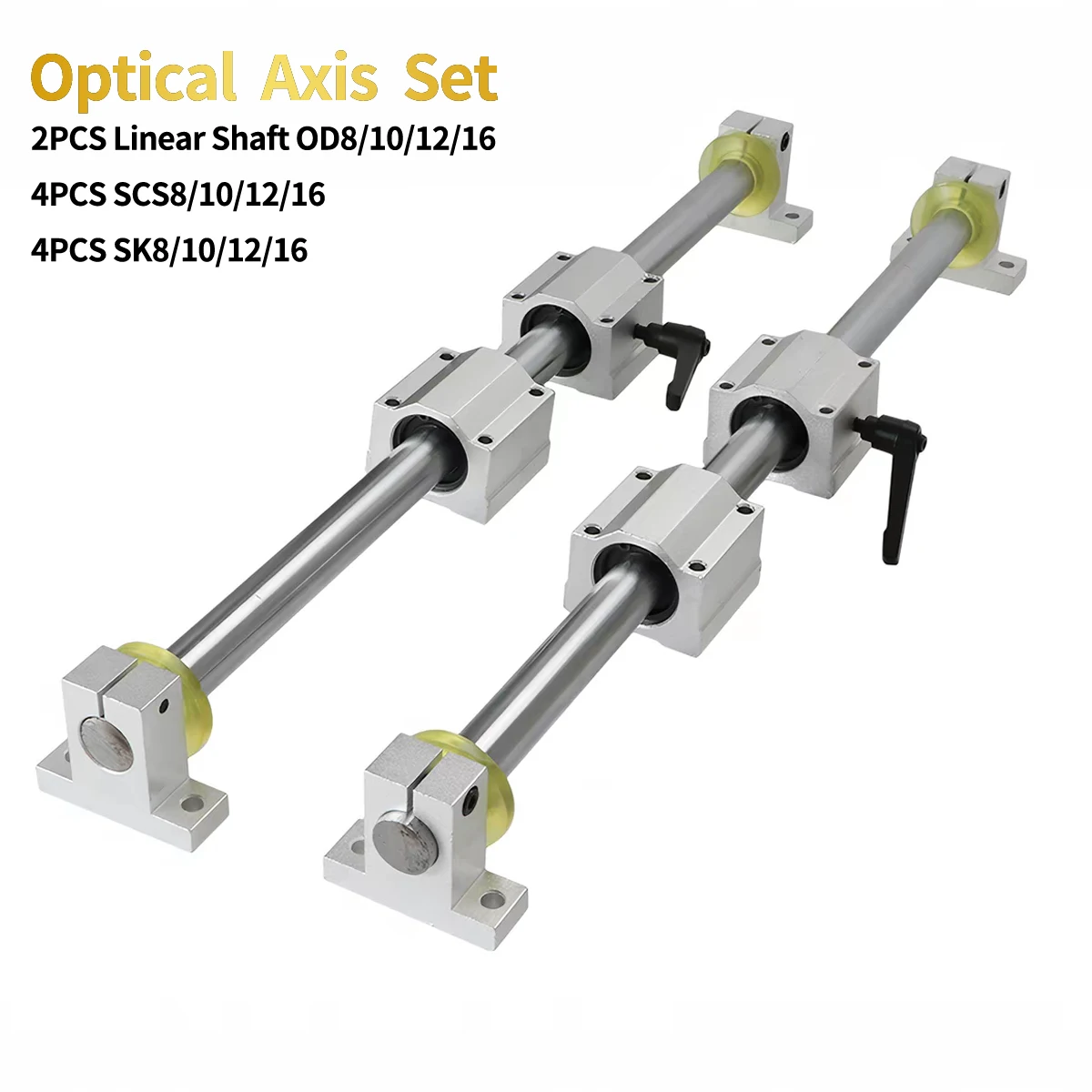 Optical Axis Set 2PCS Linear Shaft OD8/10/12/16mm 4Pcs SCS8/10/12/16UU Bearing Blocks + 4Pcs SK8/10/12 Supports + Elastic Washer