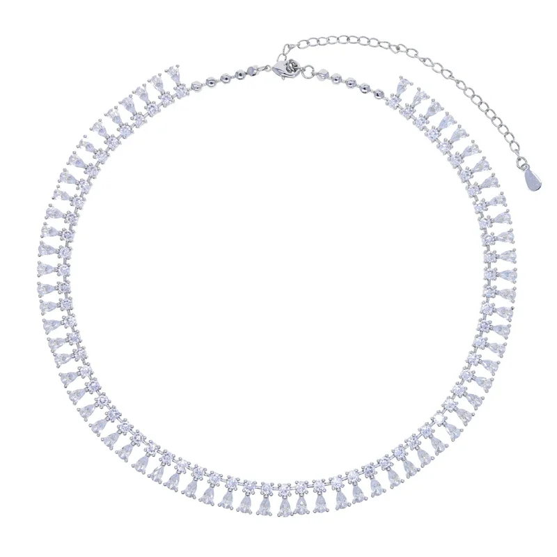 Gota de lluvia geométrica redonda Zirconia cúbica Cz cadena de eslabones pavimentados chapado en oro Bling gargantilla de 2 filas collar de boda para mujer