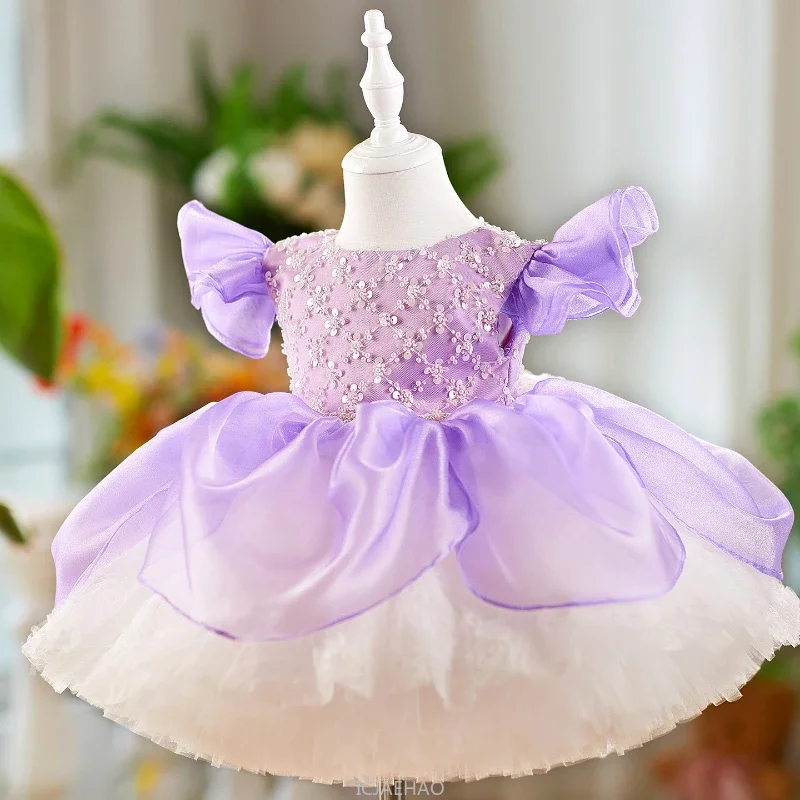 

Party Dress 2025 Children Layered Purple Tulle Girls Princess Performance Outfit VestidoCostume Short Sleeve Pageant Gown Kids