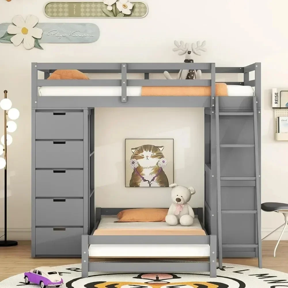 Bunk Beds, Twin Over Twin Bunk Beds with Built-in Desk & Shelves, Soild Wood Bed Frame with 5 Storage Drawers, LED Light Bed