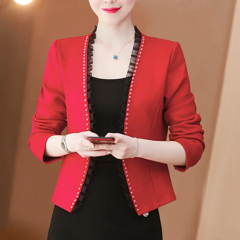 Long Sleeve Suit Jacket Women Beading V-neck Outerwear Cardigan Slim Korean Short Tops Black White Blazer Party Dress Shawl