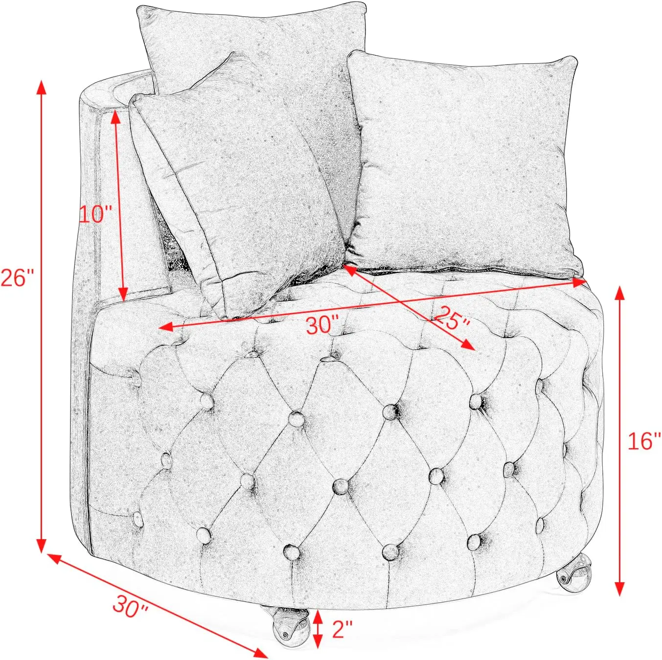 غرفة معيشة منجدة دوارة، تصميم معنقدة بأزرار وعجلات متحركة، كرسي أريكة دوار للمكتب المنزلي على الطراز الحديث، مع 3 وسائد،