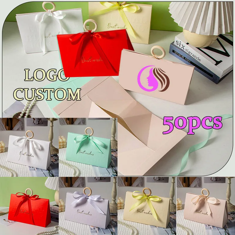 

Fashion Gift Box With Handle Ribbion 50Pcs Party Wedding Bridal Shower Gift Boxes Favor Box Personalized Logo Wig Box