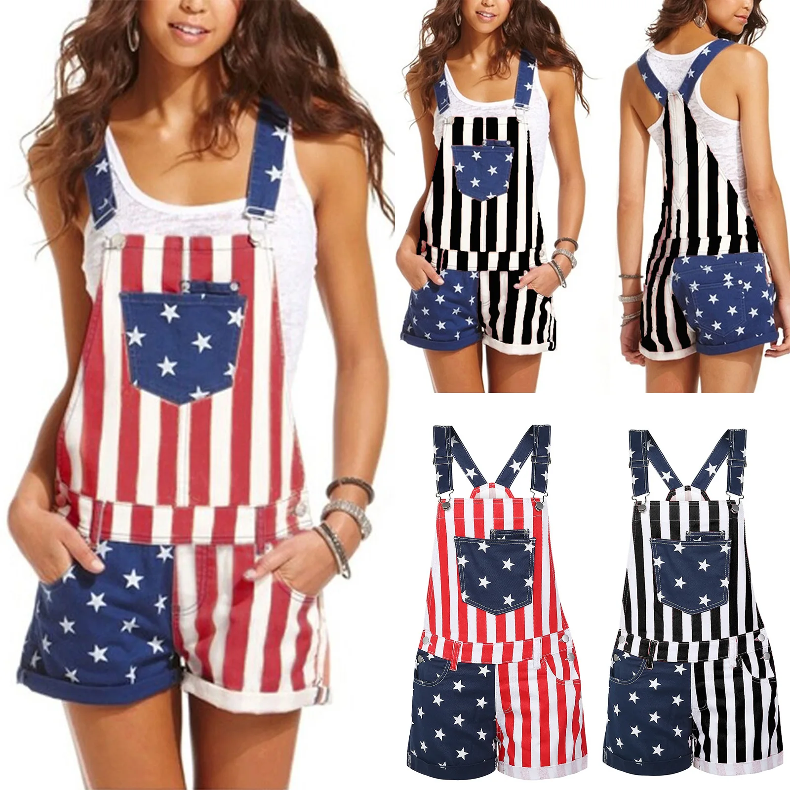 Strap Short Pants for Women Pockets Button Denim Jumpsuit Print Flag Overall Casual Summer Suspender Overalls 2024 Bodysuit