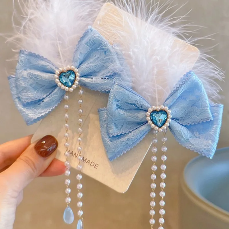 

Princess Pompom Hairpins Big Blue Bows Hair Clip for Kids Children Long Ribbon Duckbill Clip Girl School Hairgrips Headwear Gift