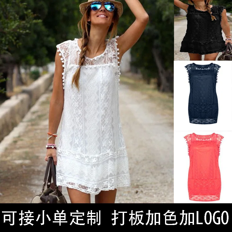 

2026 Spring And Summer White Lace Hairball Sleeveless Dress With Lining Fashionable Waist Fashion Trend Versatile