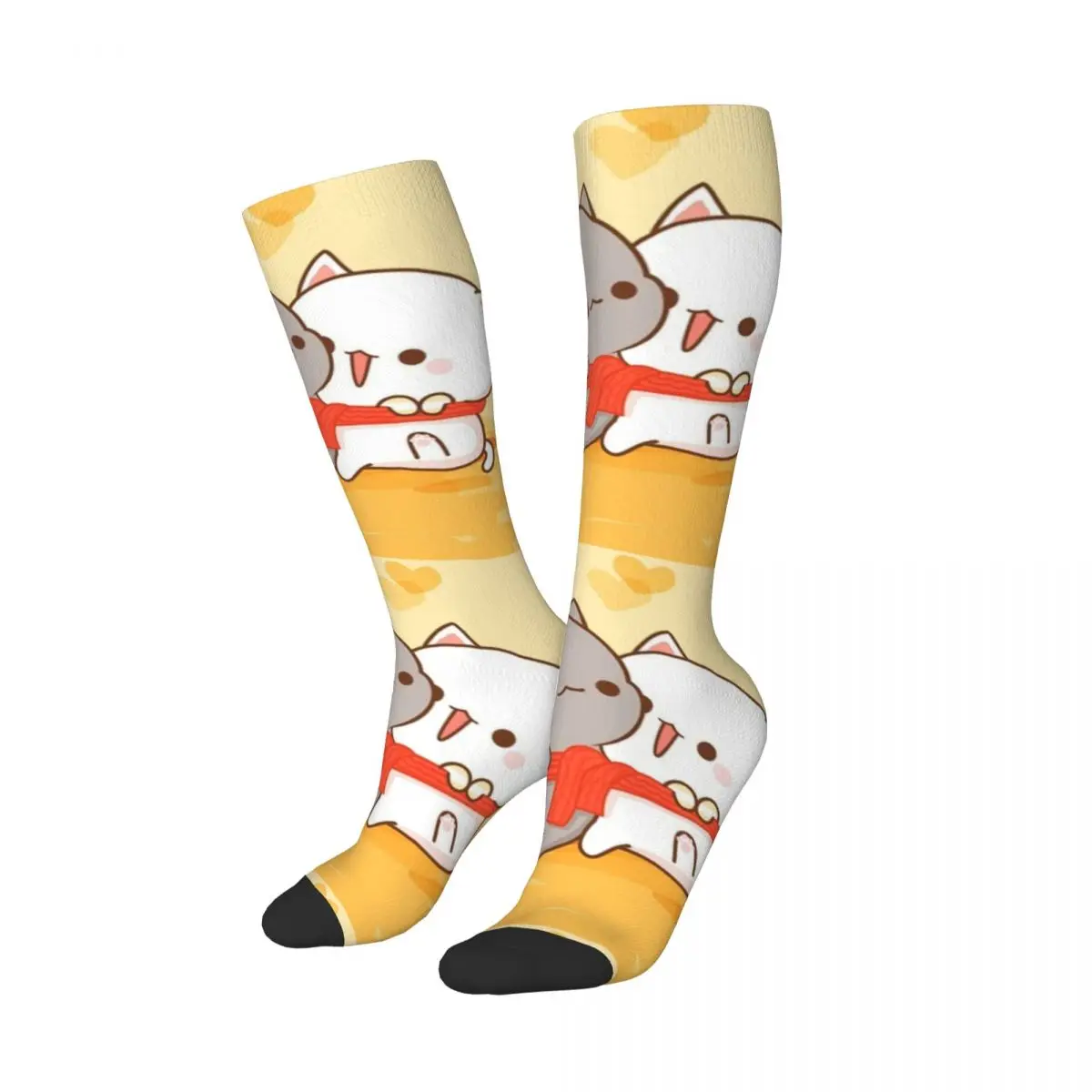 Funny Print Romantic Mochi Cat Peach And Goma Socks Women Girls Stretch Sports Knee High Stockings