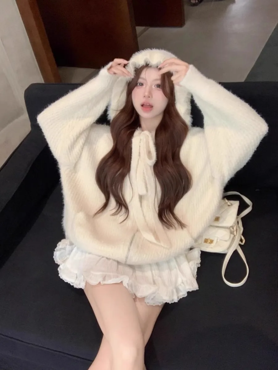 Women's Hooded Knitted Sweater Fake Mink hair Soft Zipper Autumn Winter Loose Pure White Cardigan Coat Commute Sle