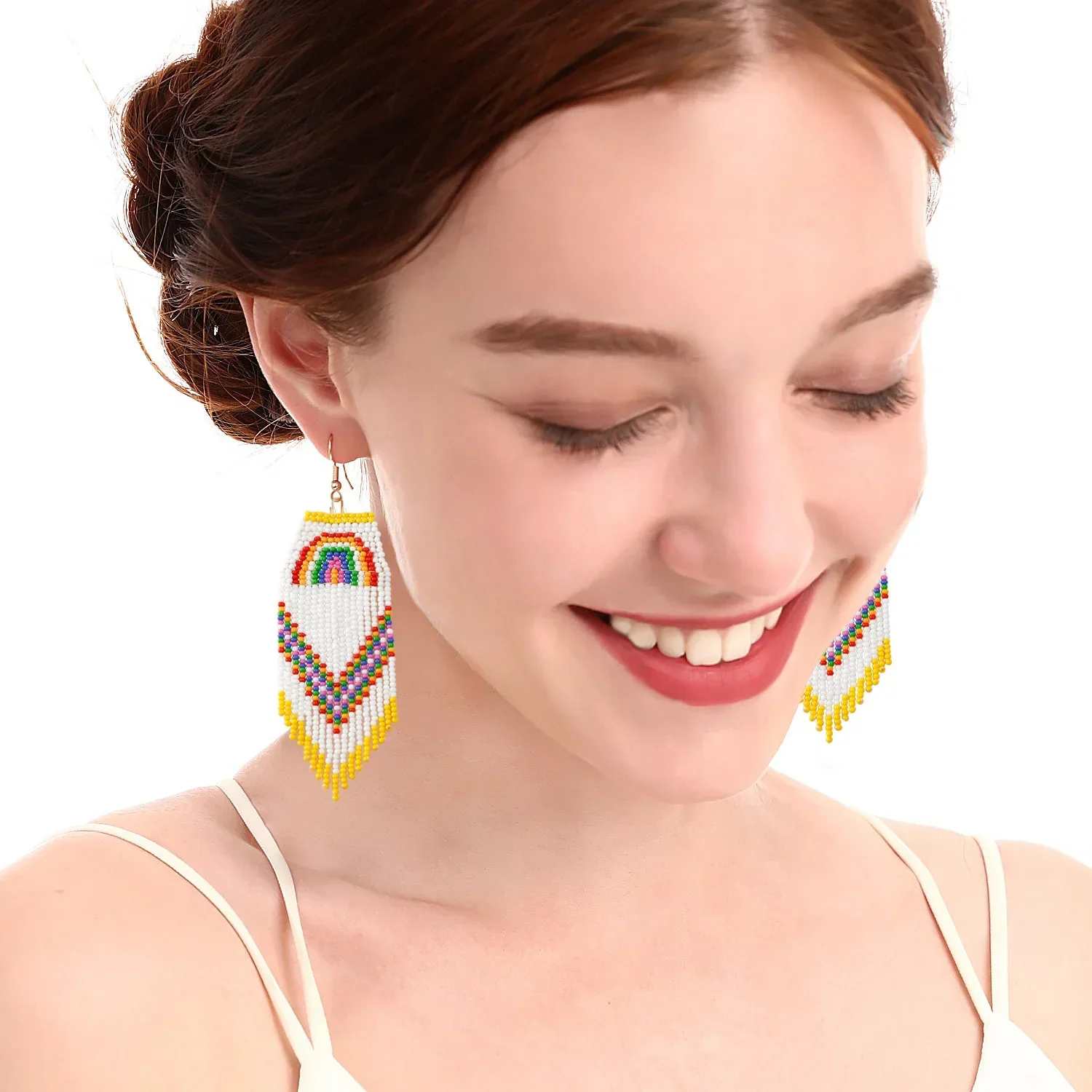 Rice bead earrings Tassel Rainbow Originality Design Hand knitting Female Bohemia Alloy Versatile Fashion Simple Beaded earrings