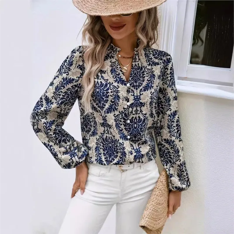 2024 V-Hals Lange Mouw Losse Blouses Shirts Tops Vintage Boho Bloemenprint Chiffon Shirt Dames Zonnebrandcrème Hemd E Blusas