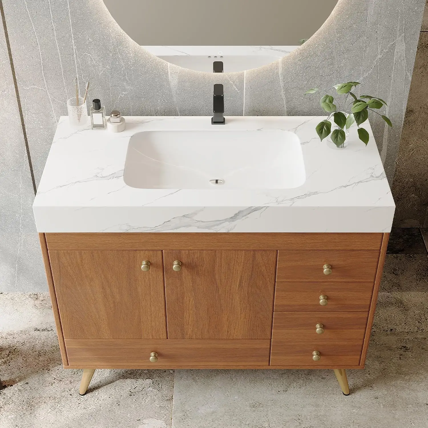 36" Freestanding Walnut & White Bathroom Vanity, Ceramic Sink, Faux Marble Top, 5 Drawers & 2 Soft-Close Doors, Custom