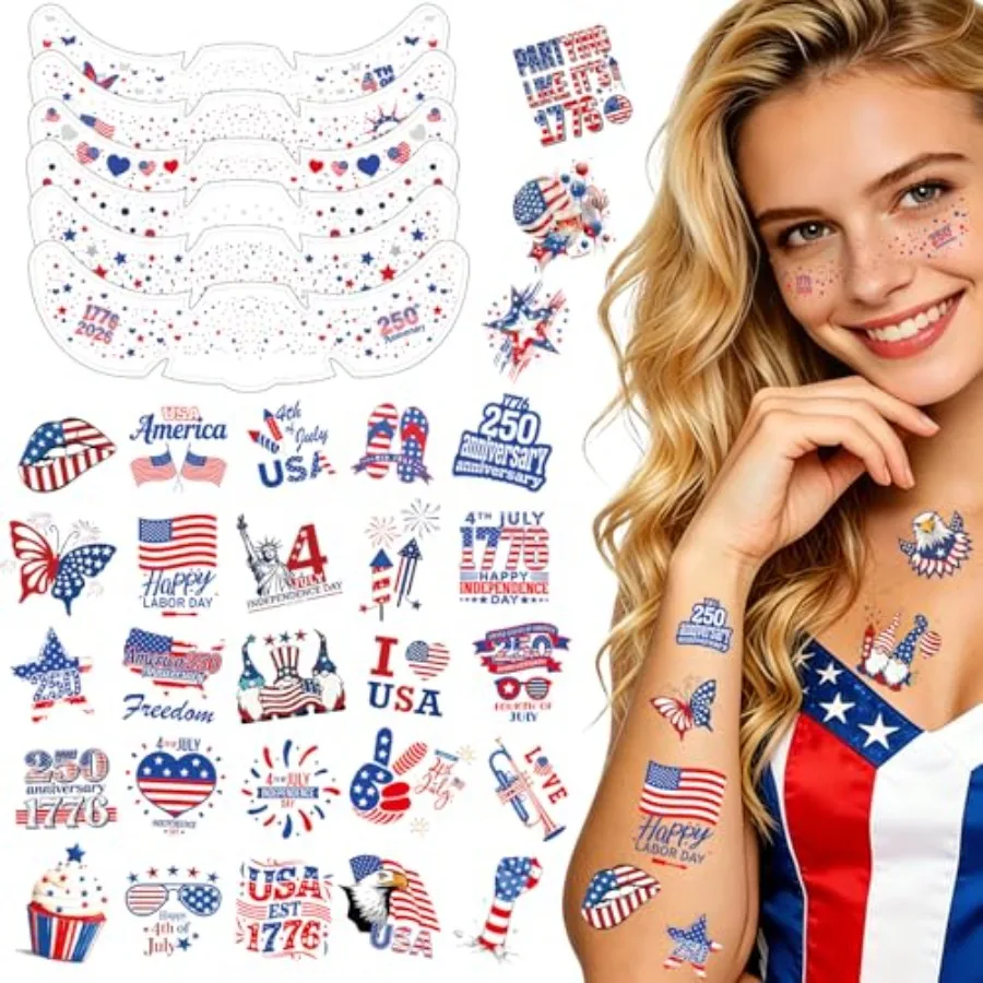 

4th of July Glitter Freckles Face Tattoo 6Pcs and Patriotic Temporary Tattoos Stickers 50Pcs, 250th Independence Day Accessorie