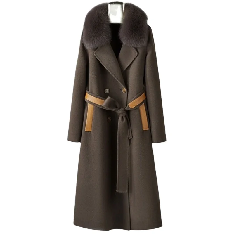 

Women 90% Wool Blends Long Coat Jacket With Real fox Fur Collar Overcoats Jackets Trench