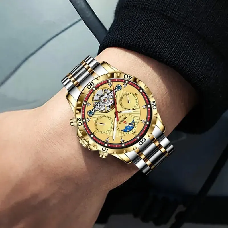 GLENAW Original Luxury Brand Automatic Watch for Men Mechanical Gold Stainless Steel Strap Diamond Wrist Watches with Date Day
